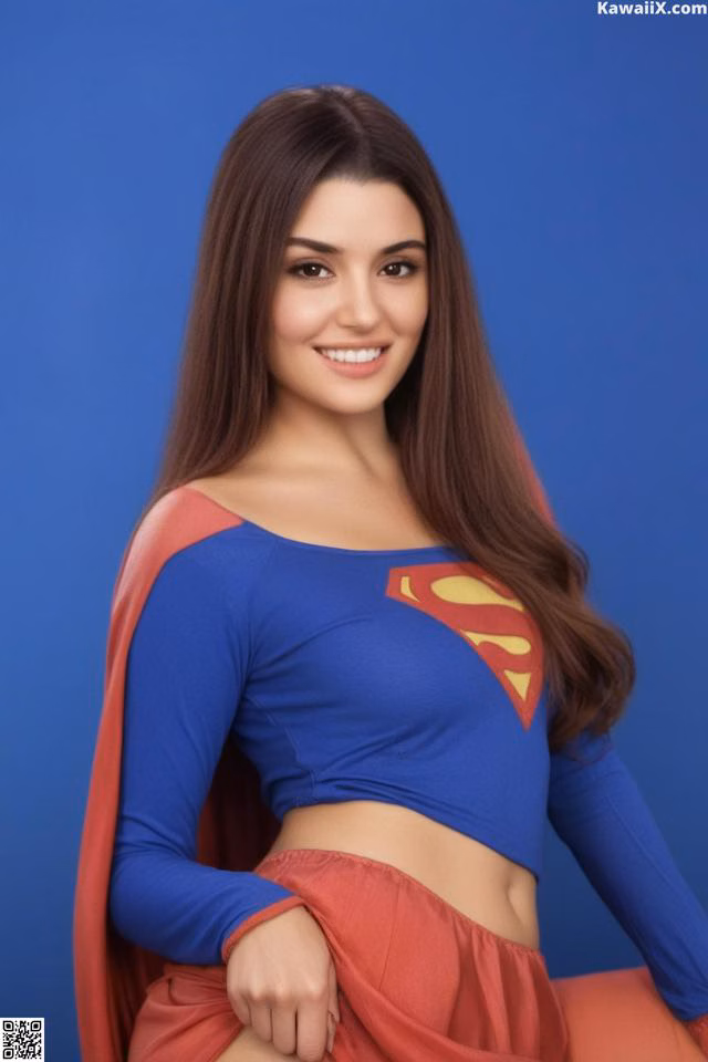 A woman in a superman costume posing for a picture.