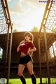 A woman in a red shirt and black shorts standing in front of a soccer goal.