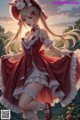 A girl in a red dress with a bunny hat on her head.