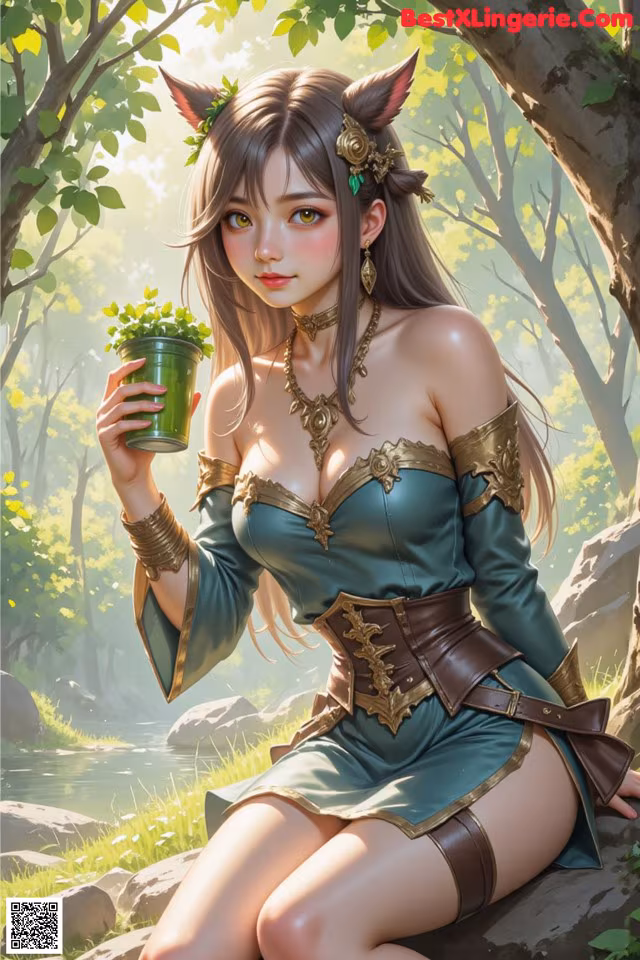 A woman sitting on a rock holding a cup of coffee.