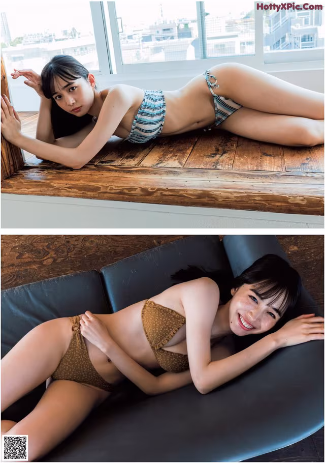 A woman in a bikini laying on a couch.