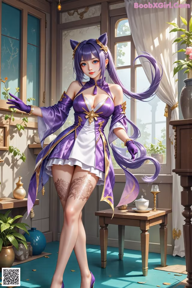 A woman in a purple and white outfit standing in a room.