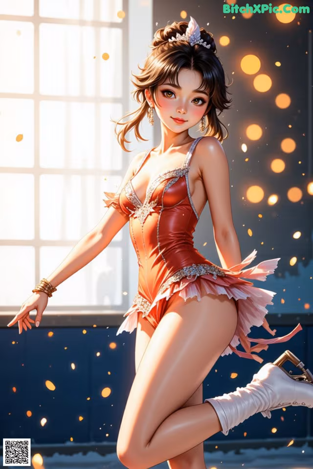 A woman in a red dress and white boots posing for a picture.