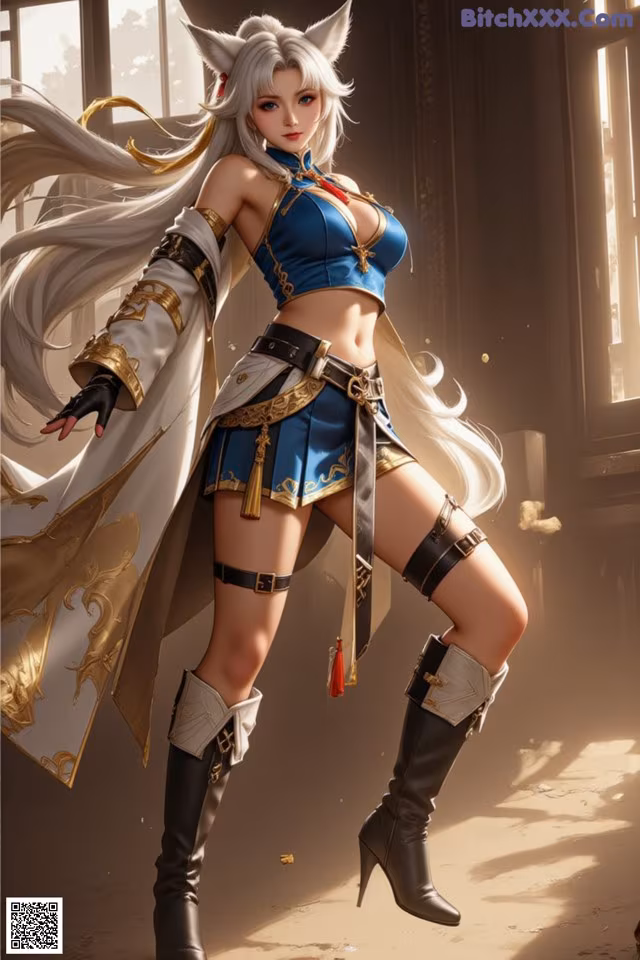 A woman in a blue and white outfit holding a sword.