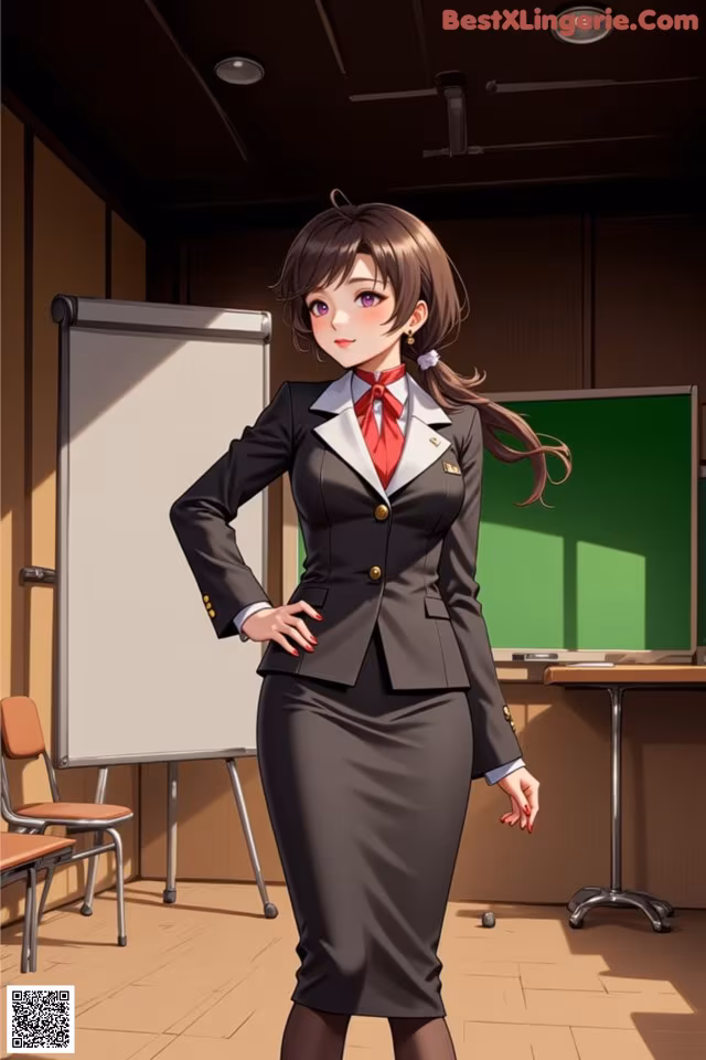 A woman in a school uniform standing in front of a blackboard.
