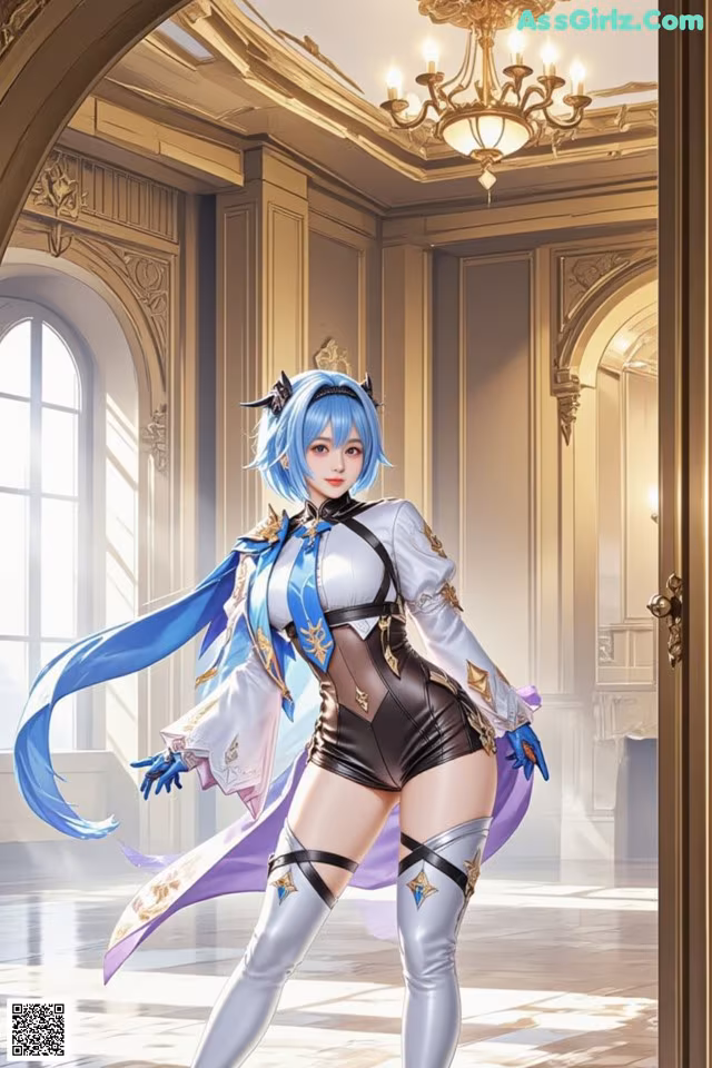 A woman in a white and blue outfit standing in a room.
