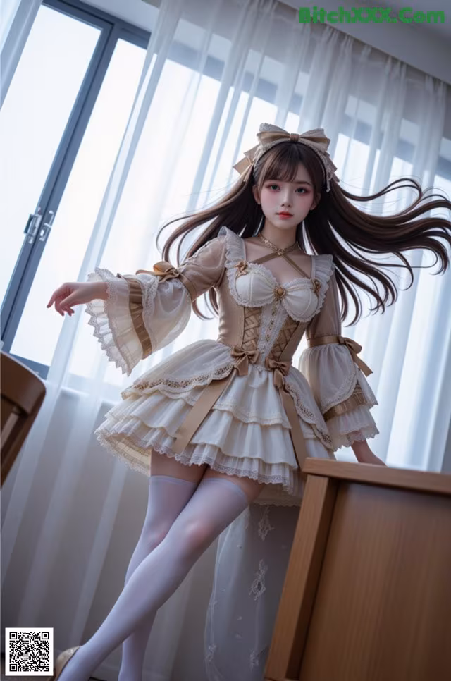 A woman in a dress and stockings posing for a picture.