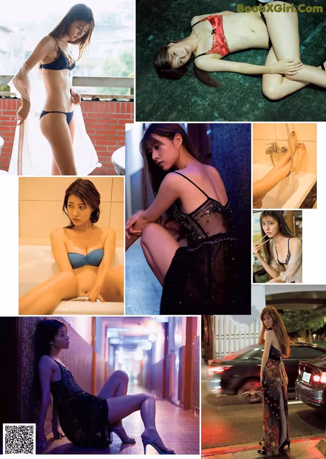 A collage of photos of a woman in lingerie.