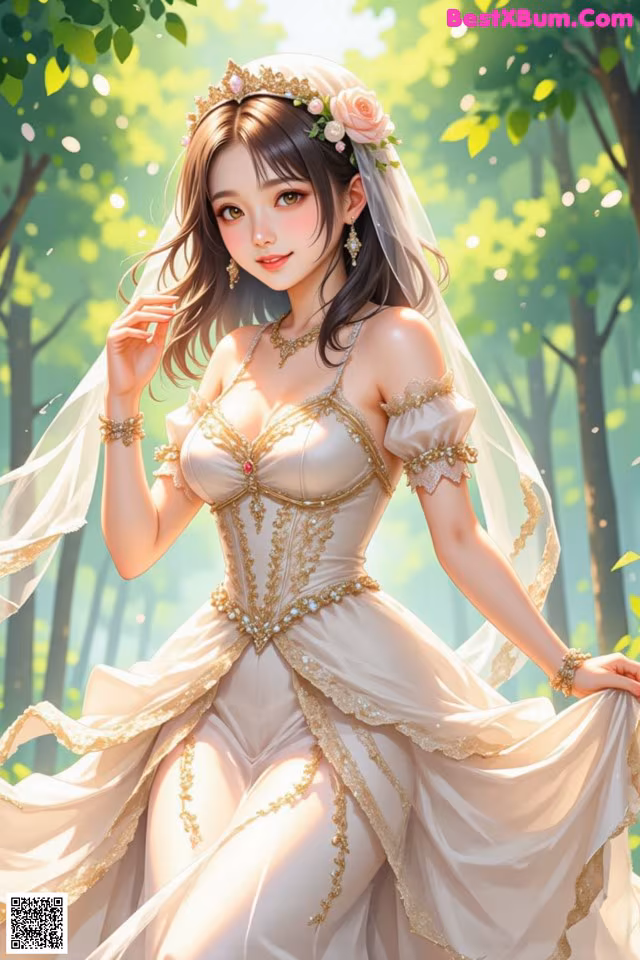 A woman in a wedding dress standing in the woods.