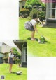 A woman in a skirt and a white shirt is playing with a watermelon.