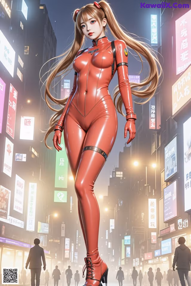 A woman in a red latex outfit standing in the middle of a city.