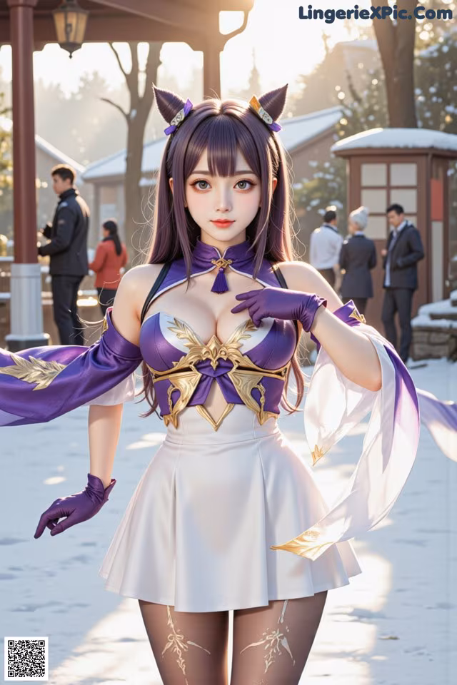 A woman in a purple and white outfit is posing for a picture.